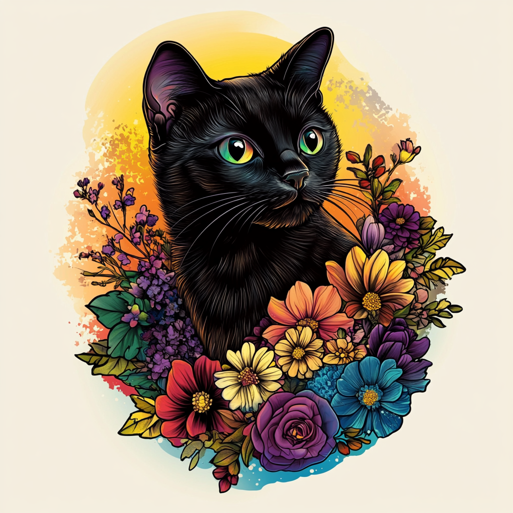 Short Haired Black Cat in Flowers Diamond Art Kit