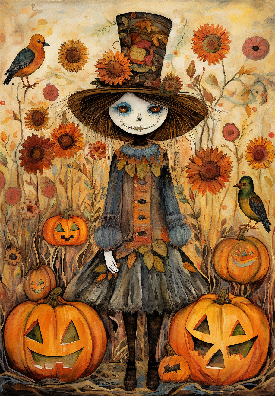 Skull Girl and Pumpkin Patch Diamond Art Kit
