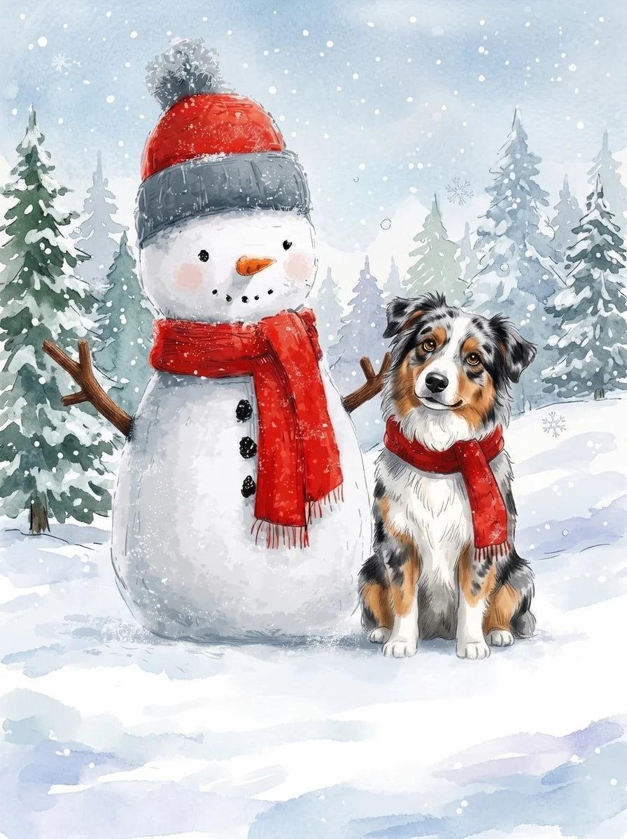 Snowman And Australian Shepherd Diamond Art Kit