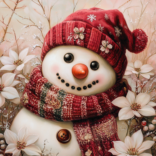 Snowman and White Flowers Diamond Art Kit