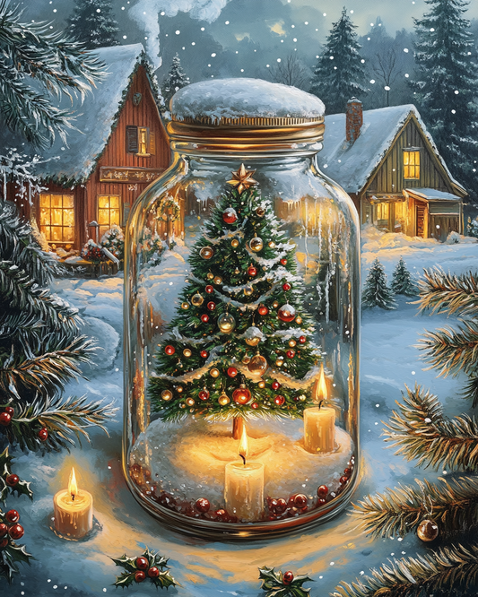 Snowy Christmas Tree Candle Jar Diamond Art Kit
