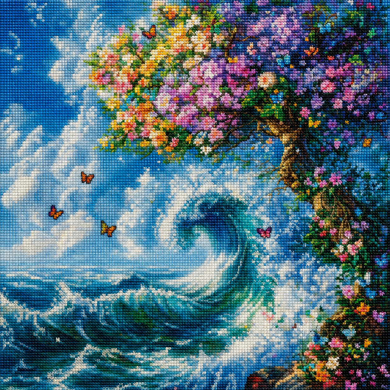 Spring Flower Tree And Waves Diamond Art Kit