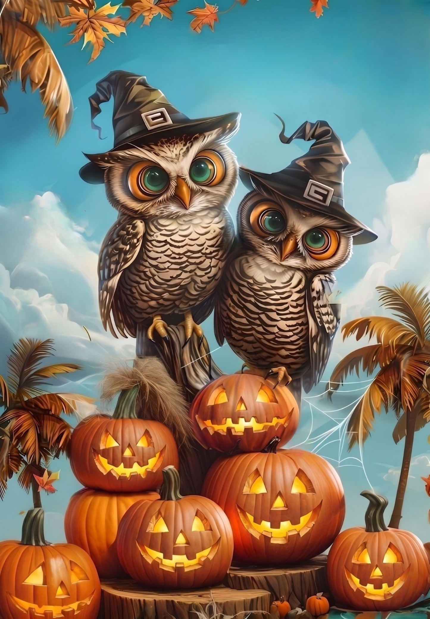 Stack Of Jack-o-Lanterns With Owls Diamond Art Kit