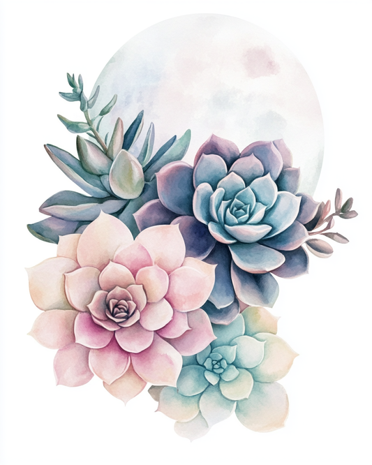 Succulents and White Moon Diamond Art Kit