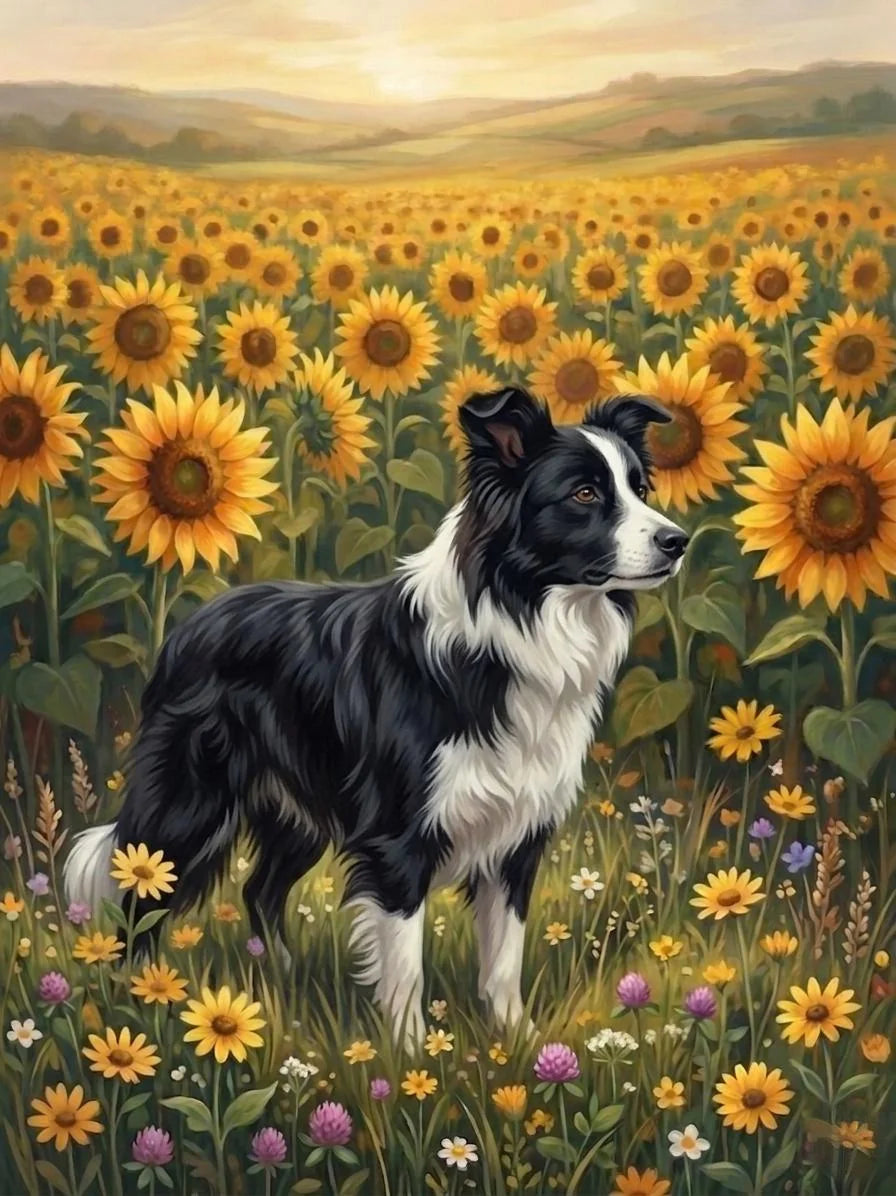Sunflower Field Black And White Border Collie Diamond Art Kit