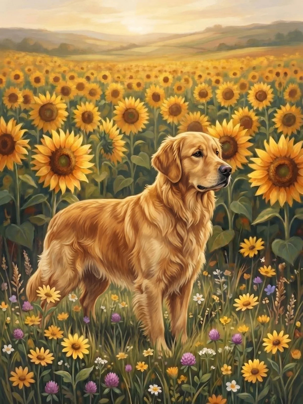 Sunflower Field Golden Retriever Diamond Art Kit