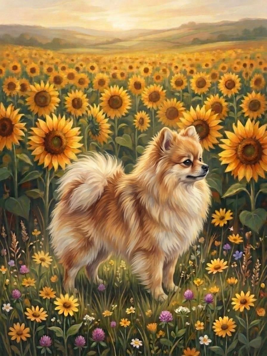 Sunflower Field Pomeranian Diamond Art Kit