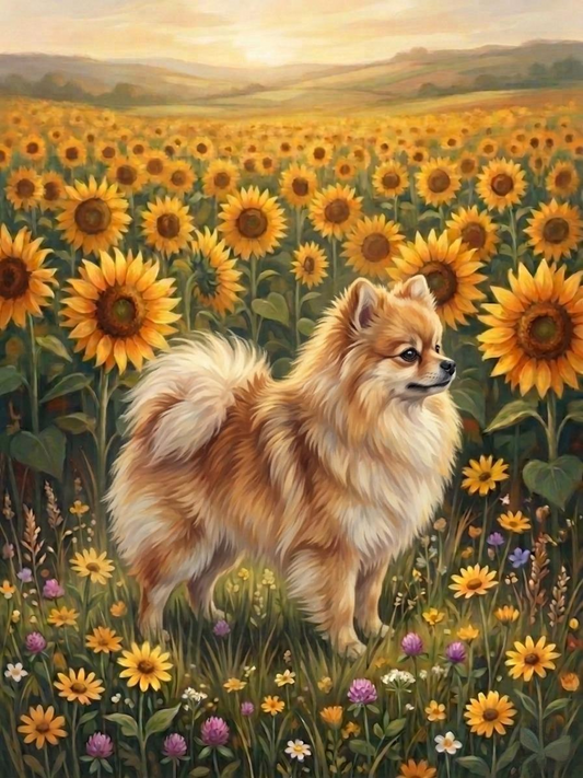Sunflower Field Pomeranian Diamond Art Kit