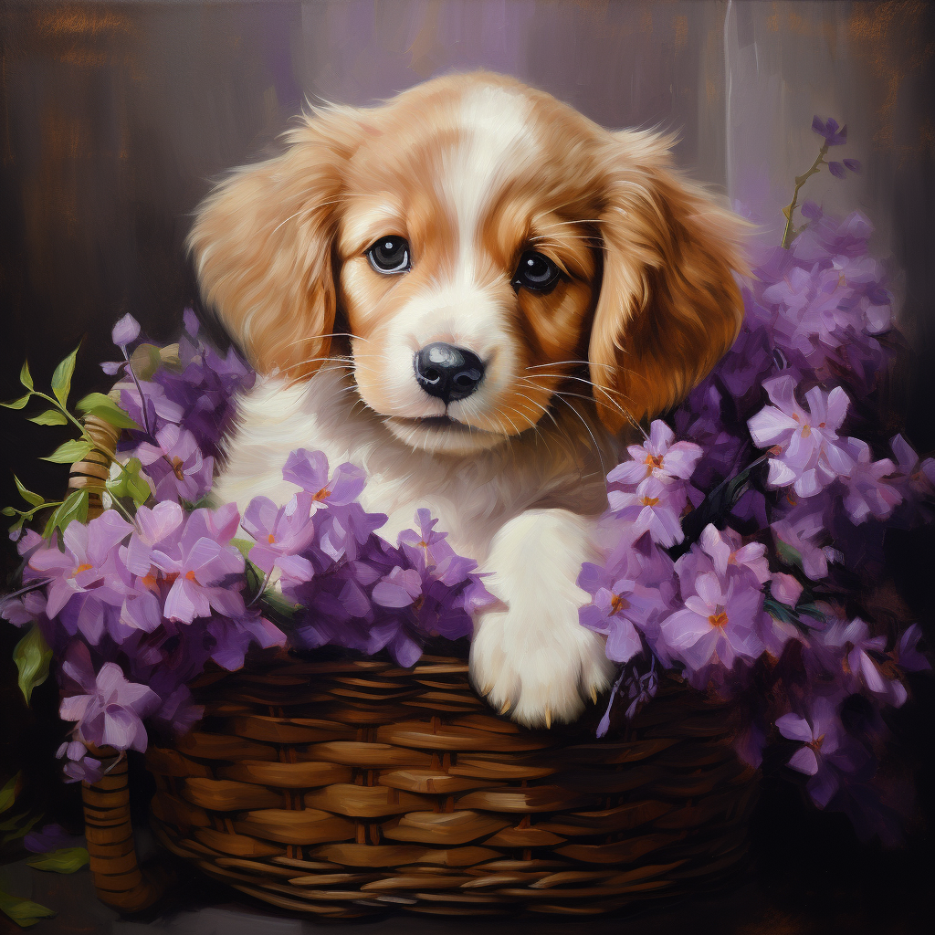 Sweet Purple Flower Puppy Basket Diamond Art Kit