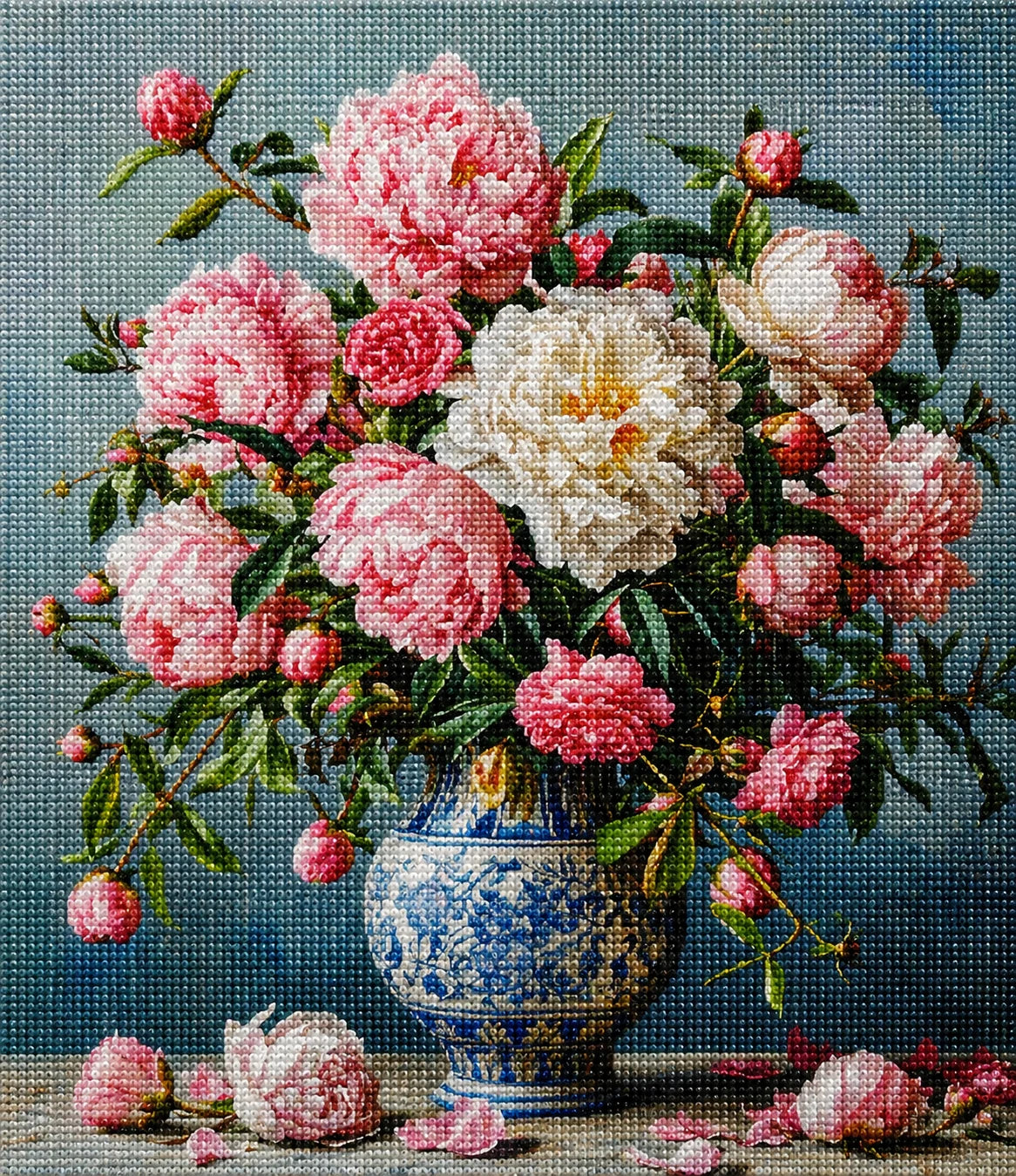 Blue Print Vase Of Pink Flowers Diamond Art Kit