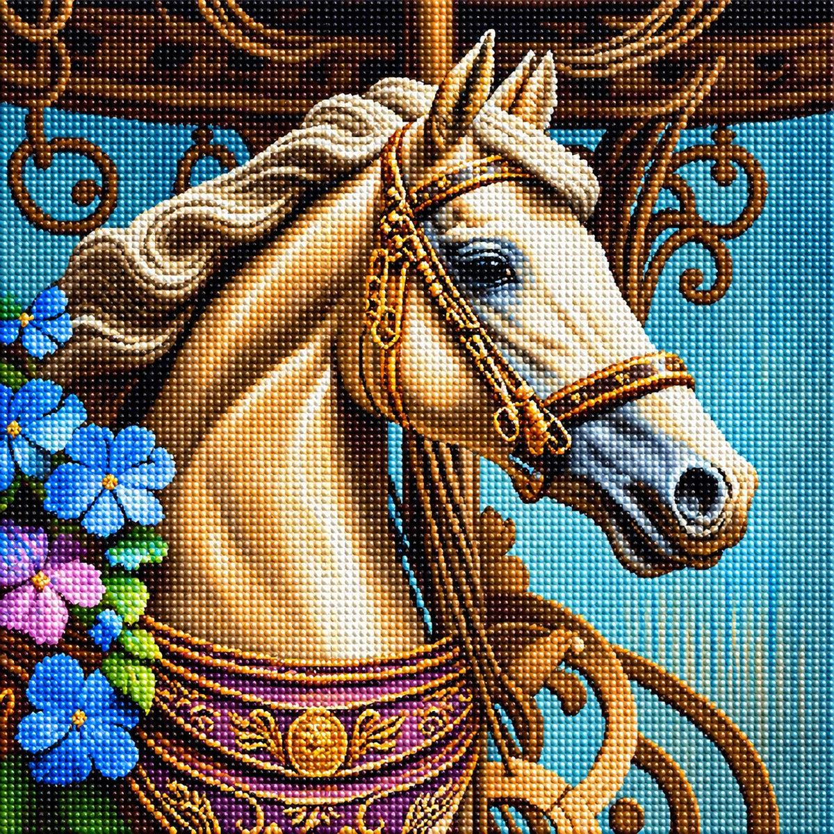 Blue Flower Carousel Horse Diamond Art Kit