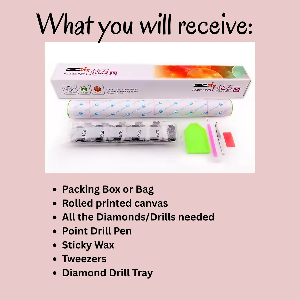 Diamond painting kit close-up of color-coded drills being placed on adhesive canvas with stylus