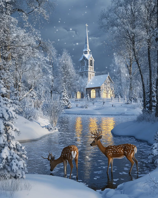 White Church And Deer Diamond Art Kit