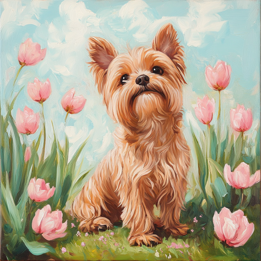 Tan Yorkshire Terrier in Tulips Diamond Art Kit