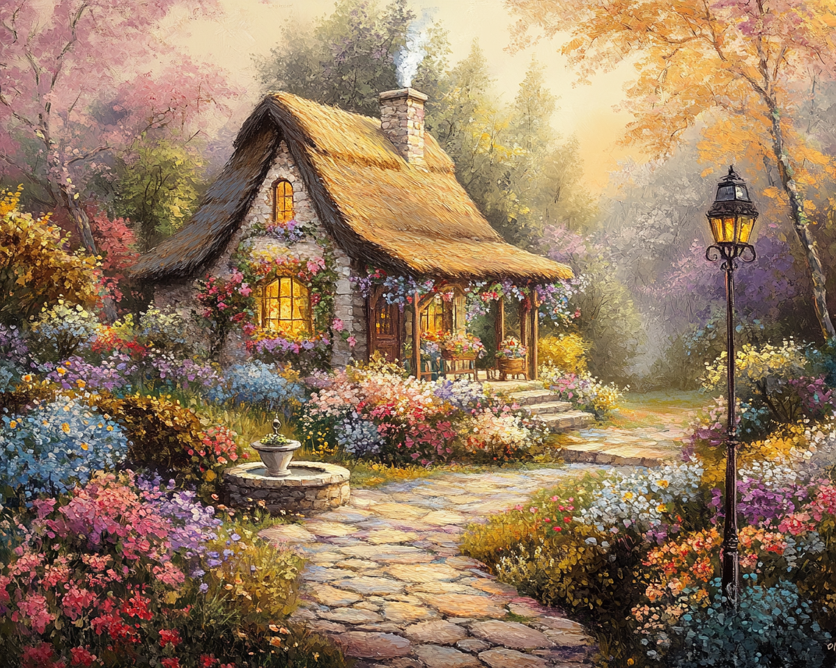 Thatched Roof Cottage and Fountain Diamond Art Kit