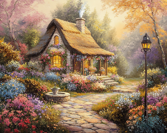 Thatched Roof Cottage and Fountain Diamond Art Kit
