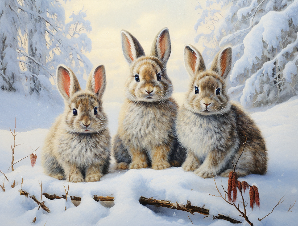 Three Fluffy Bunnies in the Snow Diamond Art Kit