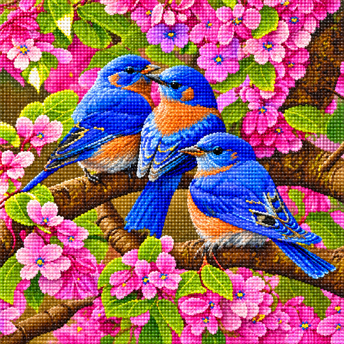 Three Little Bluebirds Pink Blossoms Diamond Art Kit