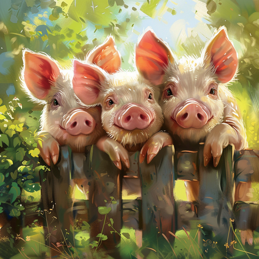 Three Pigs on a Wooden Fence Diamond Art Kit