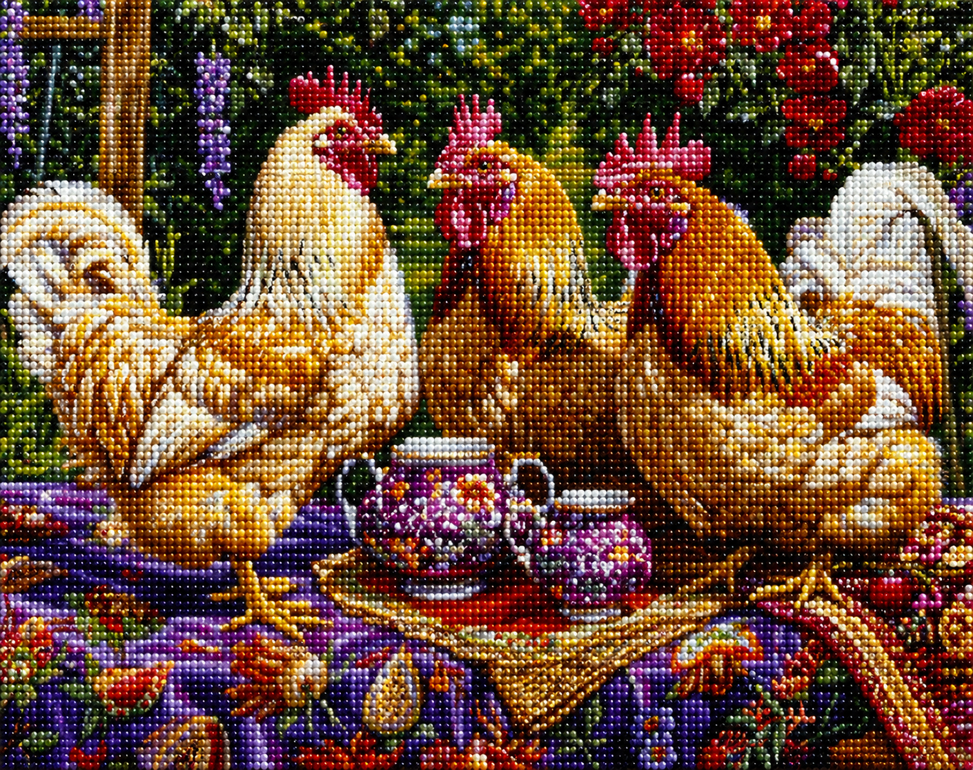 Three Roosters For Tea Diamond Art Kit — diamond art kit canvas