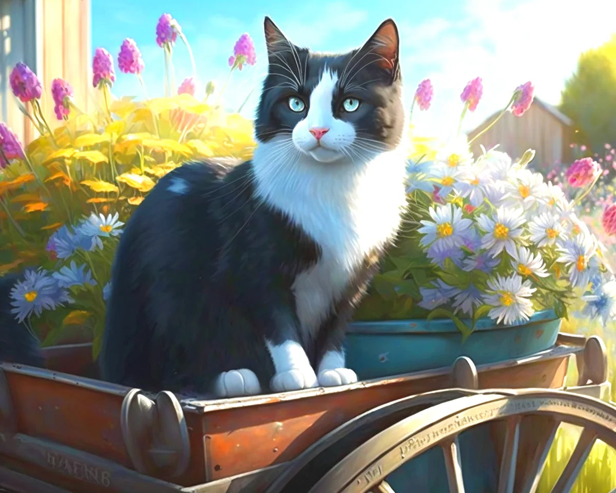 Tuxedo Cat And Flowers Diamond Art Kit