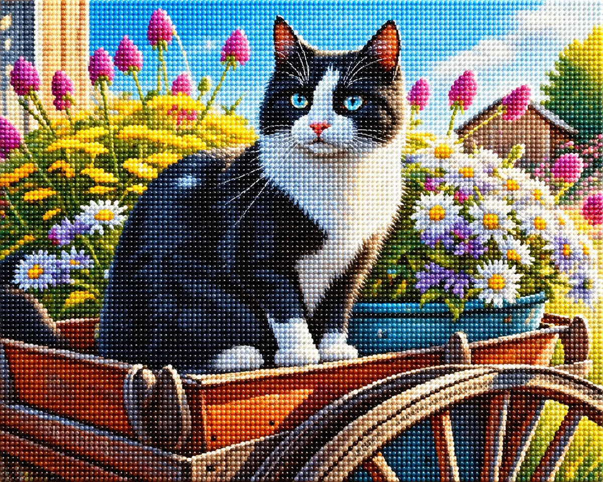Tuxedo Cat And Flowers Diamond Art Kit