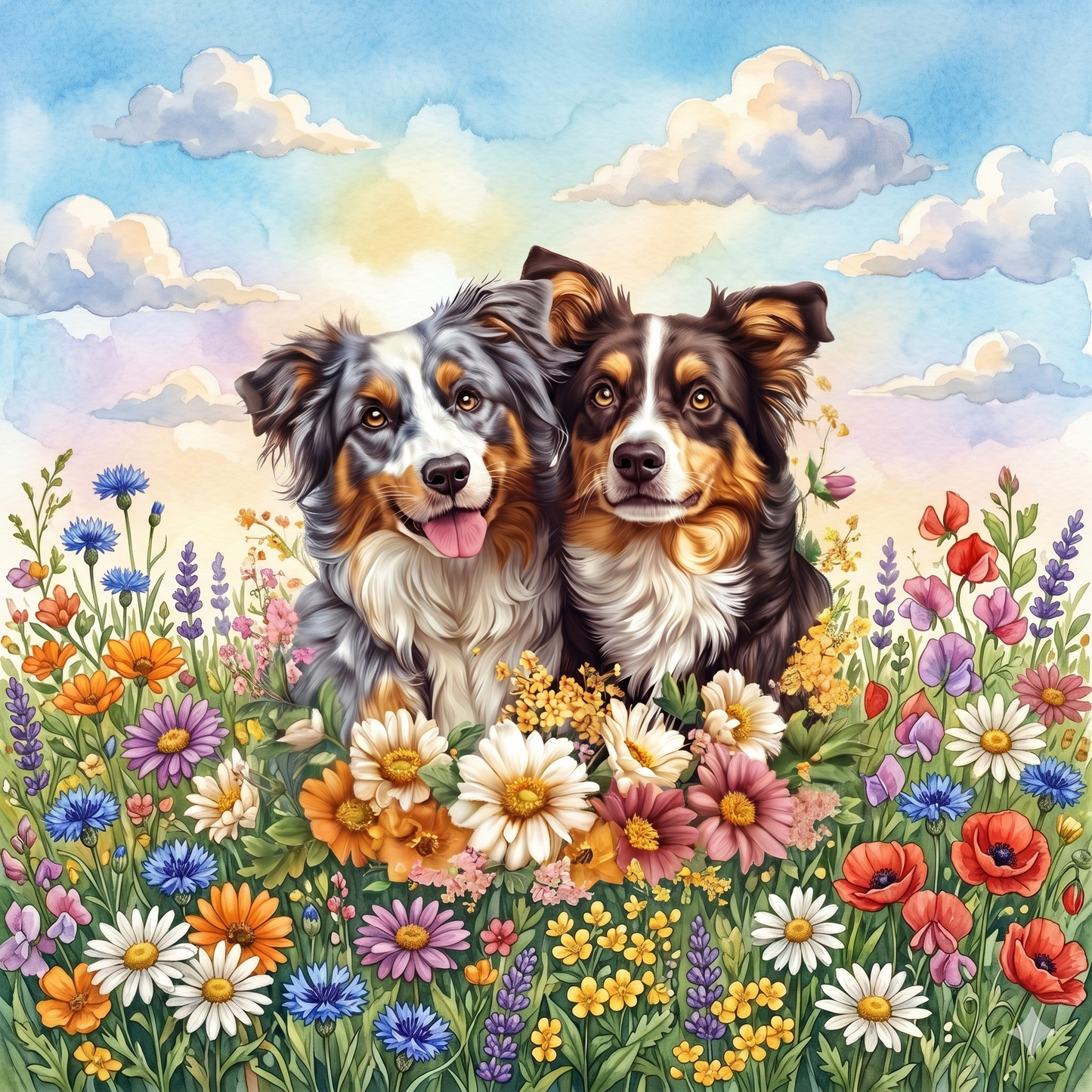 Two Australian Shepherds in Flowers Diamond Art Kit