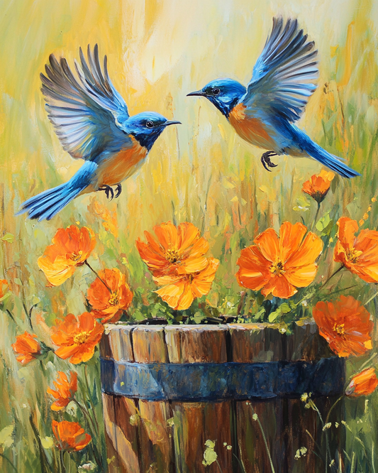 Two Blue Birds and Wooden Planter Diamond Art Kit