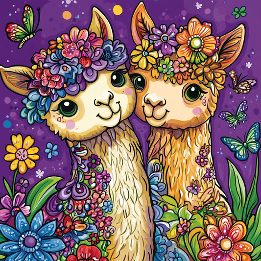 Two Colorful Cartoon Alpacas Diamond Art Kit