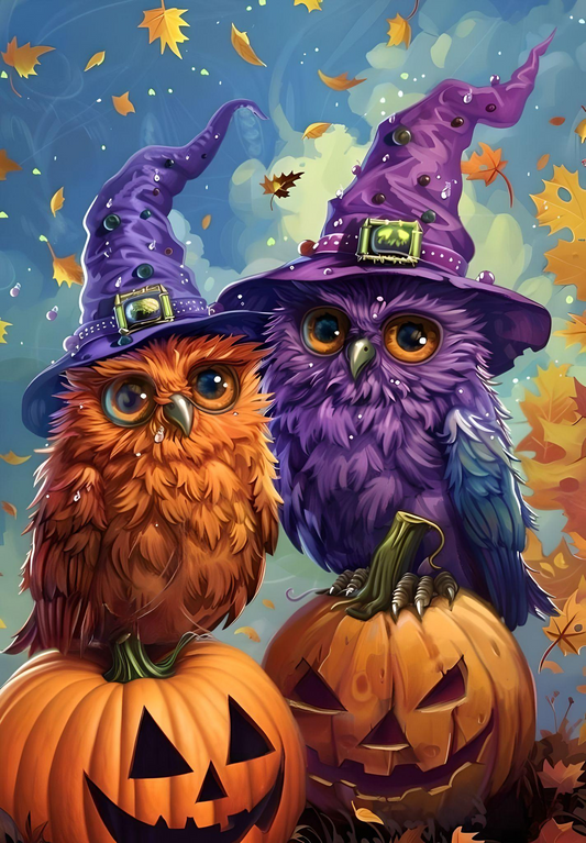 Two Cute Jack-o-Lantern Owls Diamond Art Kit