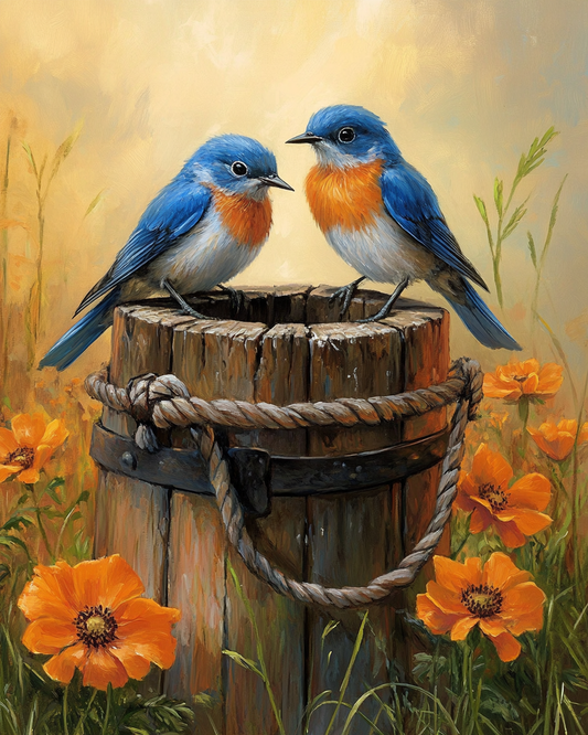 Two Easter Blue Birds and Flowers Diamond Art Kit