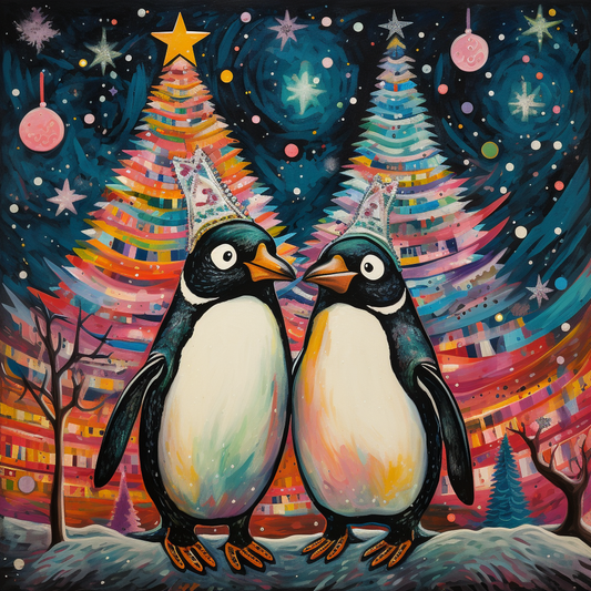 Two Funny Hat Christmas Penguins Diamond Art Kit