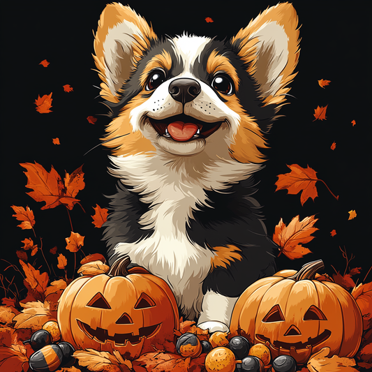 Two Jack-o-Lantern and Corgi Puppy Diamond Art Kit