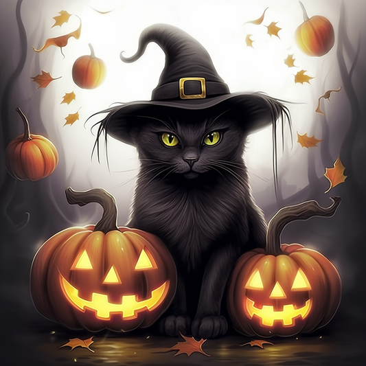 Two Jack-o-Lanterns and Black Cat Diamond Art Kit