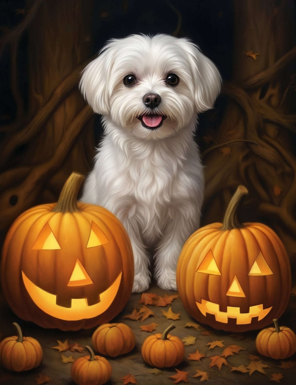 Two Jack-o-Lantern White Puppy Diamond Art Kit