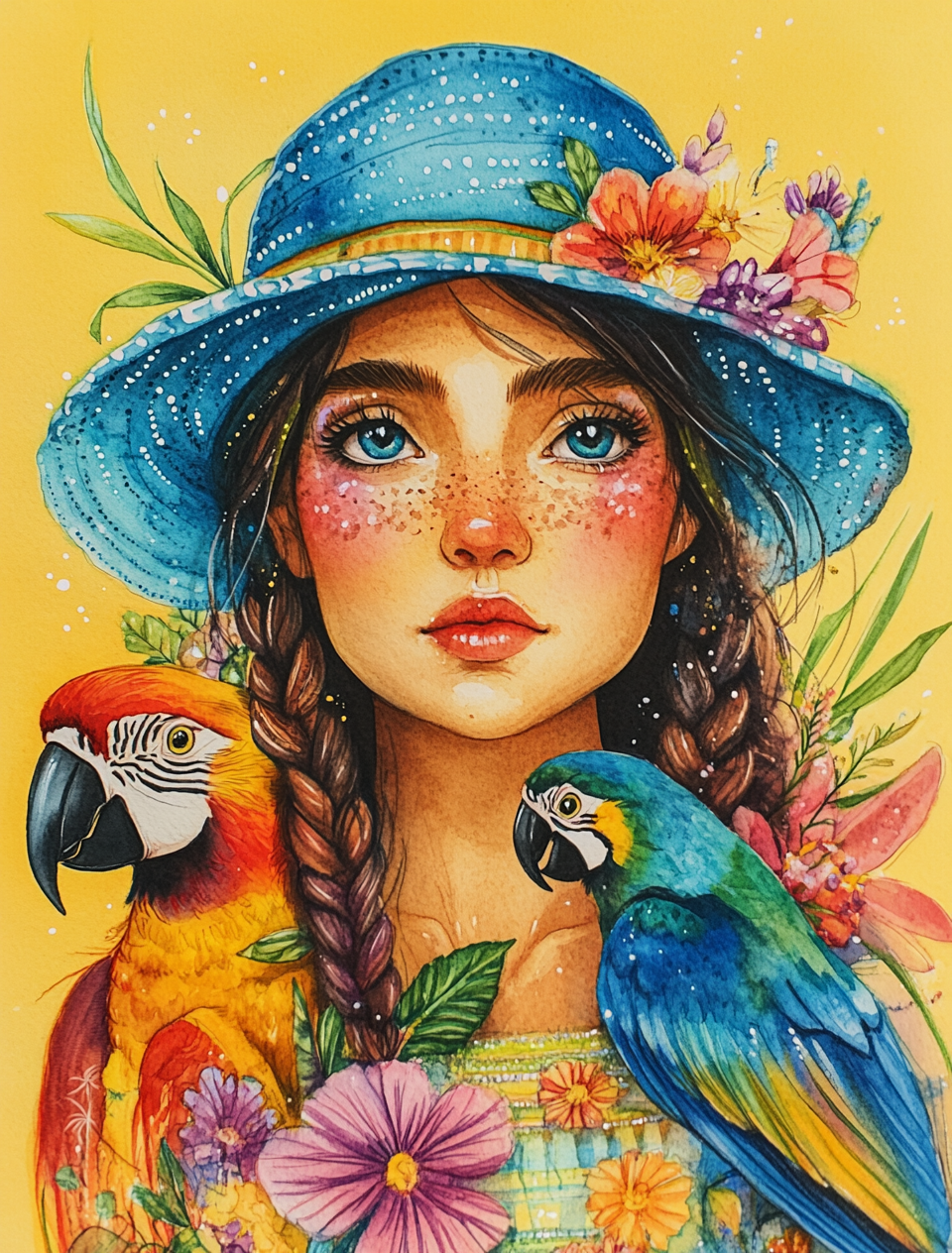 Two Parrots and Blue Hat Girl Diamond Art Kit