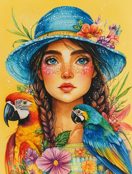 Two Parrots and Blue Hat Girl Diamond Art Kit