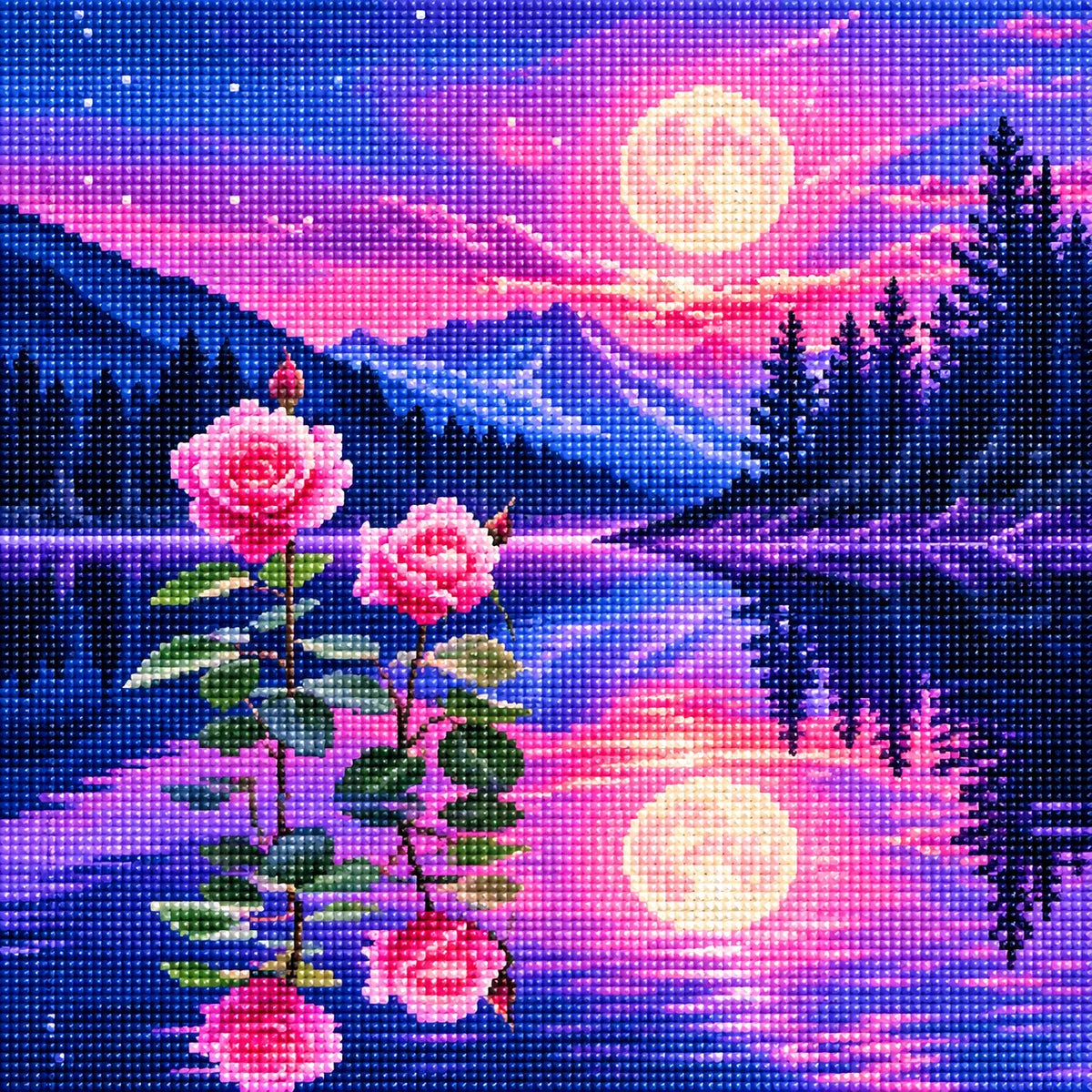 Two Pink Rose Moon Reflection Diamond Art Kit