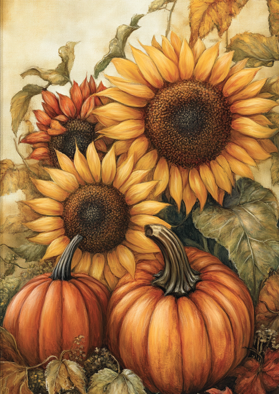 Two Pumpkins and Two Yellow Sunflowers Diamond Art Kit