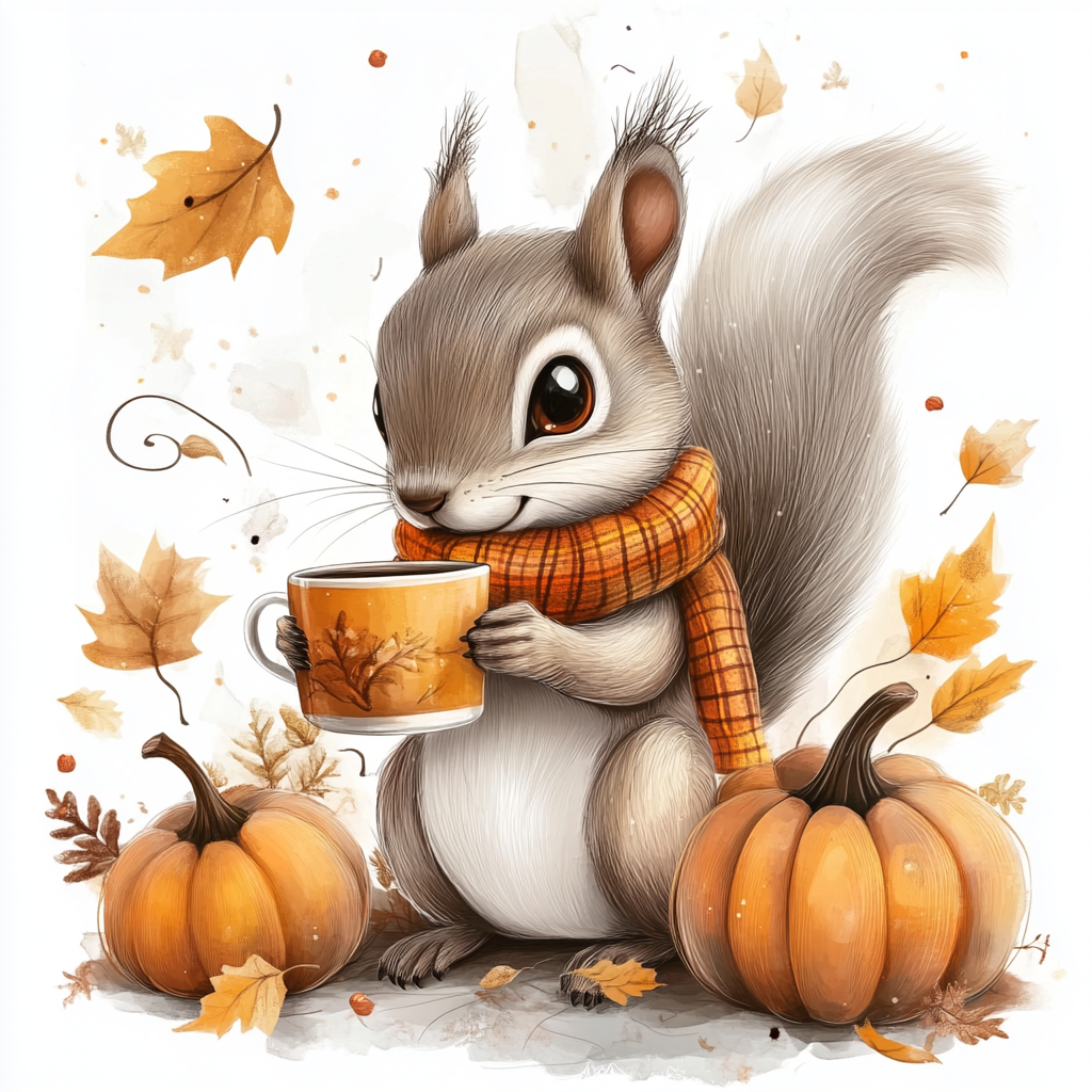 Two Pumpkins and Coffee Cup Squirrel Diamond Art Kit