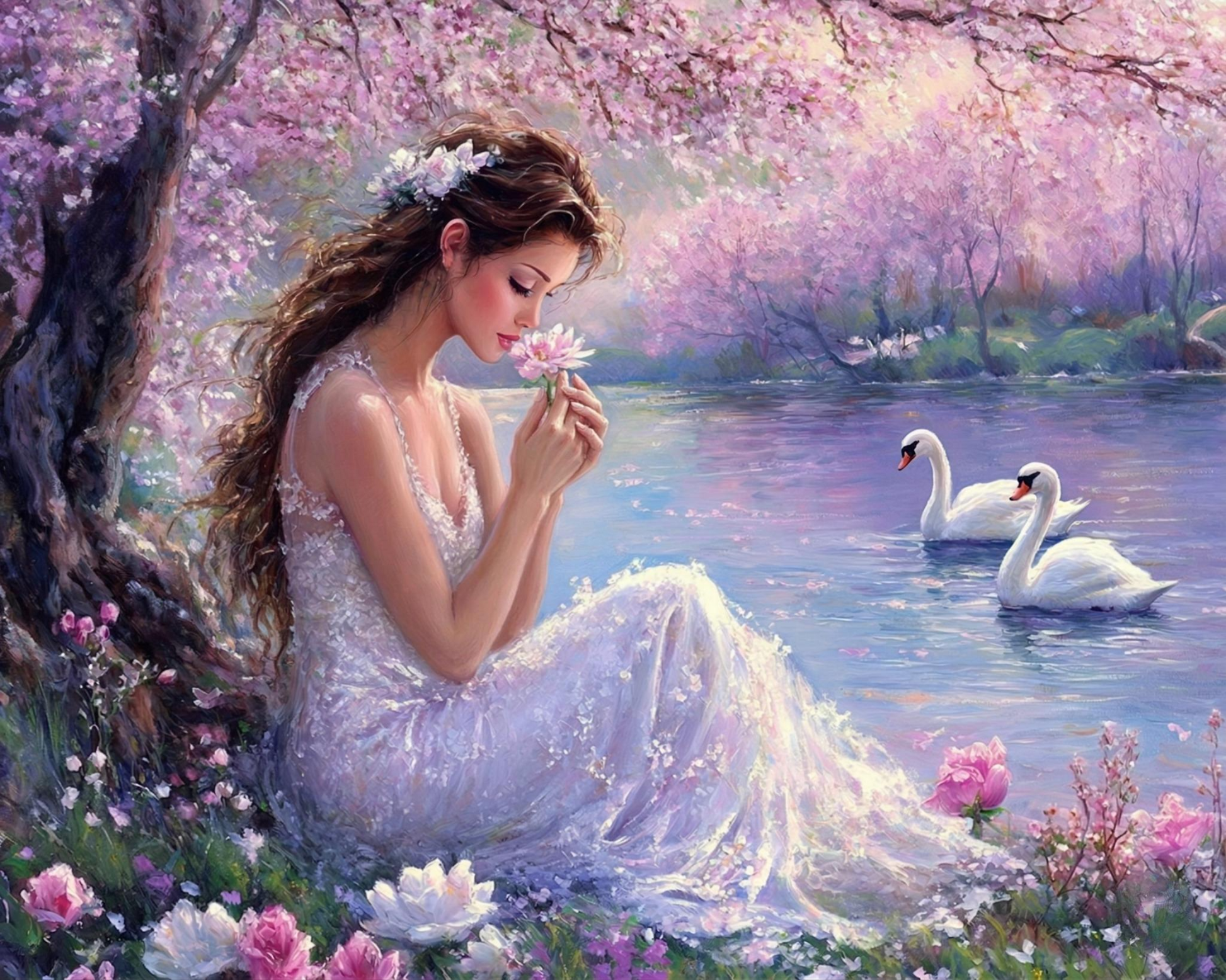 Two Swans and White Dressed Woman Diamond Art Kit