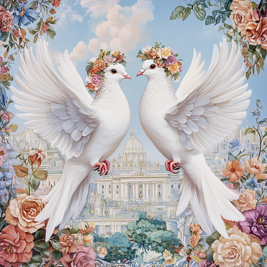 Two White Flying Doves and Flowers Diamond Art Kit