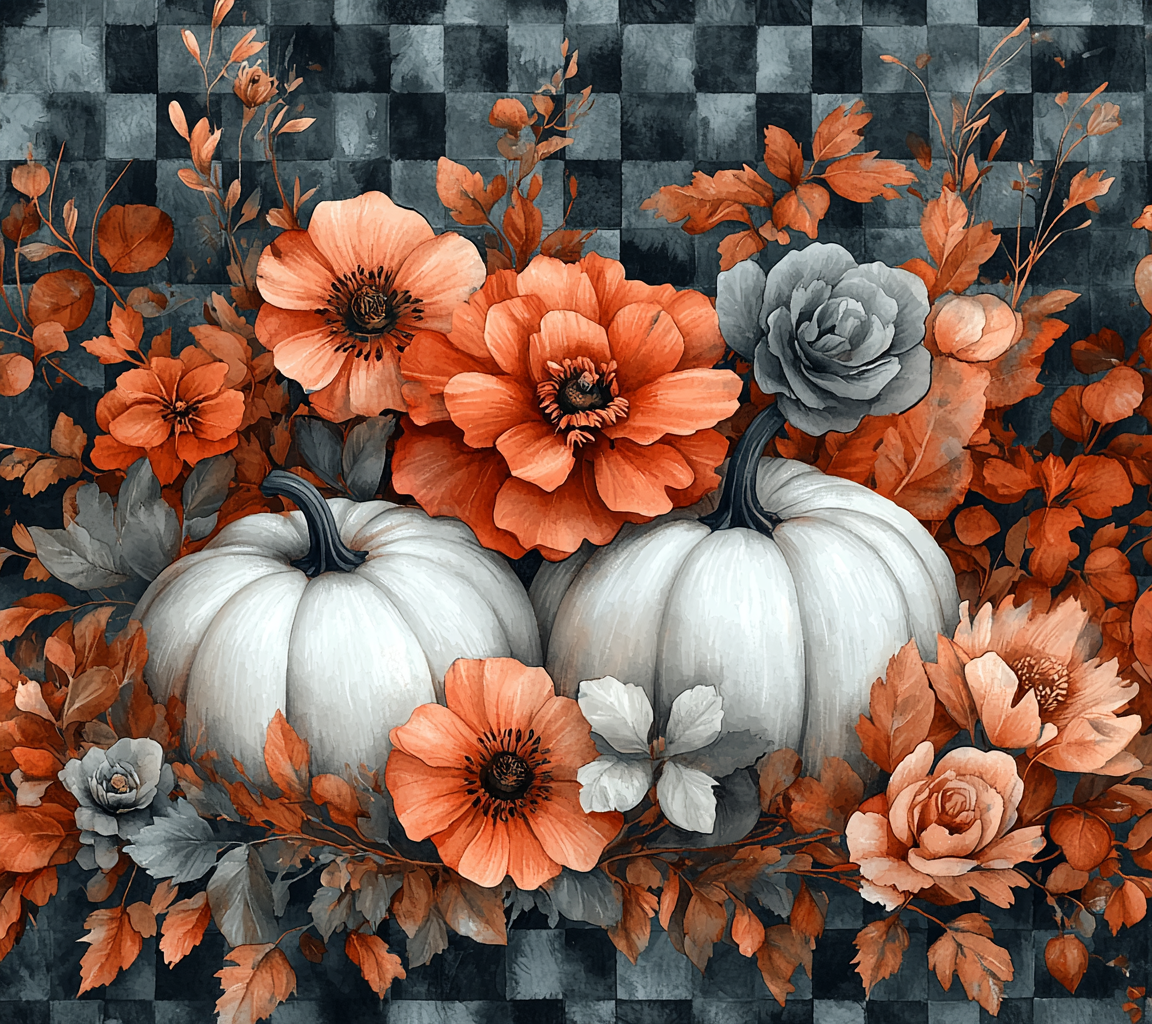 Two White Pumpkins and Orange Flowers Diamond Art Kit
