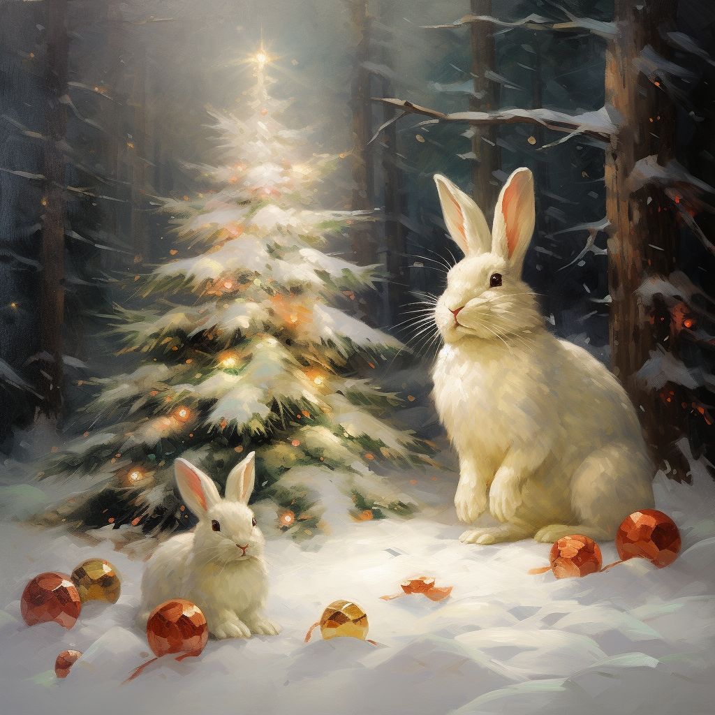 Two White Rabbit Christmas Tree Diamond Art Kit
