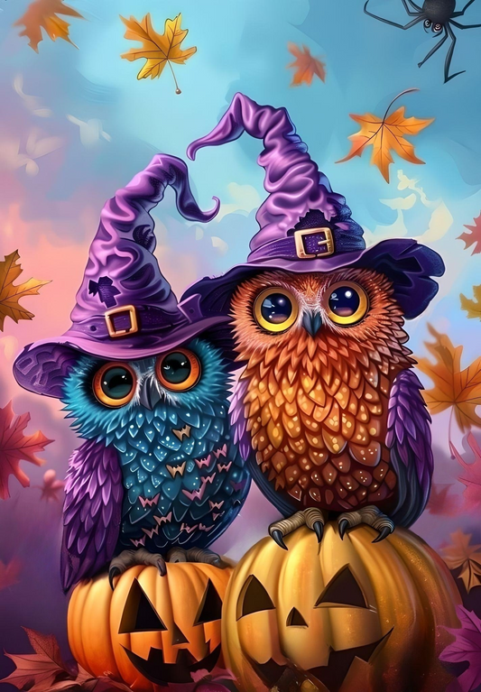 Two Witch Hat Owls on Pumpkins Diamond Art Kit