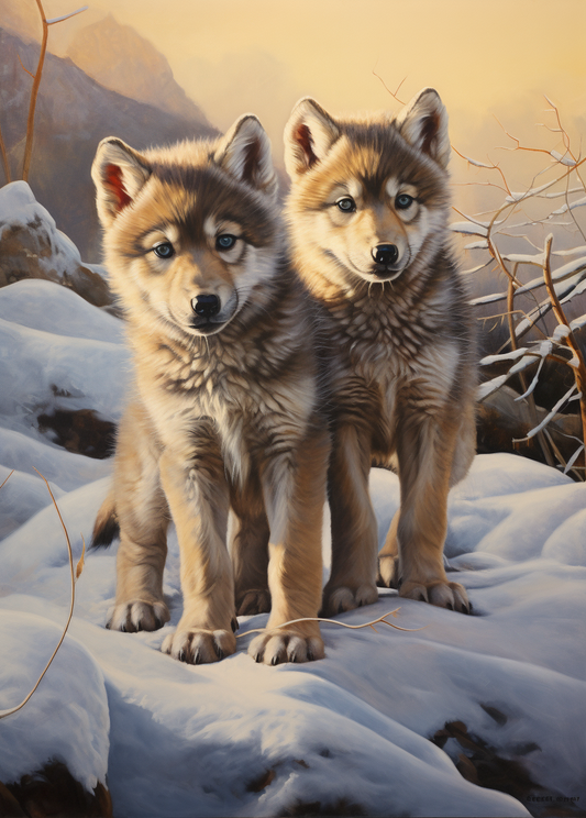 Two Wolf Cubs in the Snow Diamond Art Kit