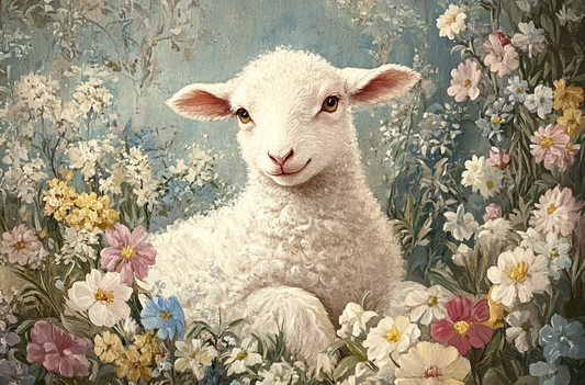 Vintage White Lamb In Flowers Diamond Art Kit