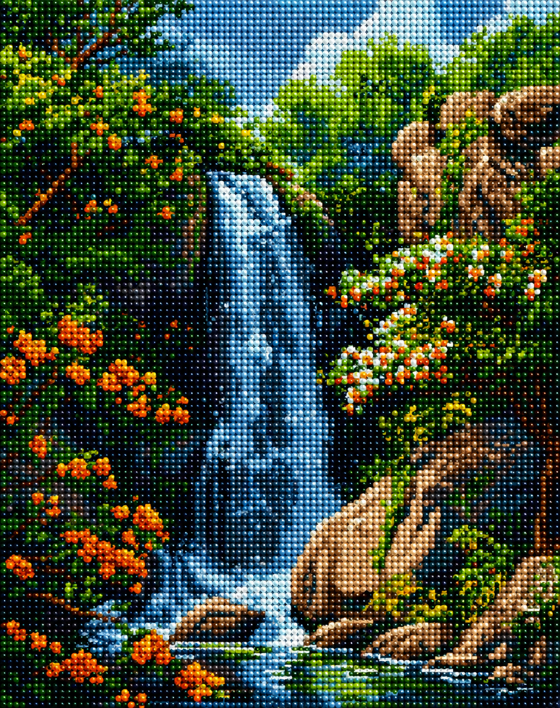 Waterfalls And Orange Flowers Diamond Art Kit