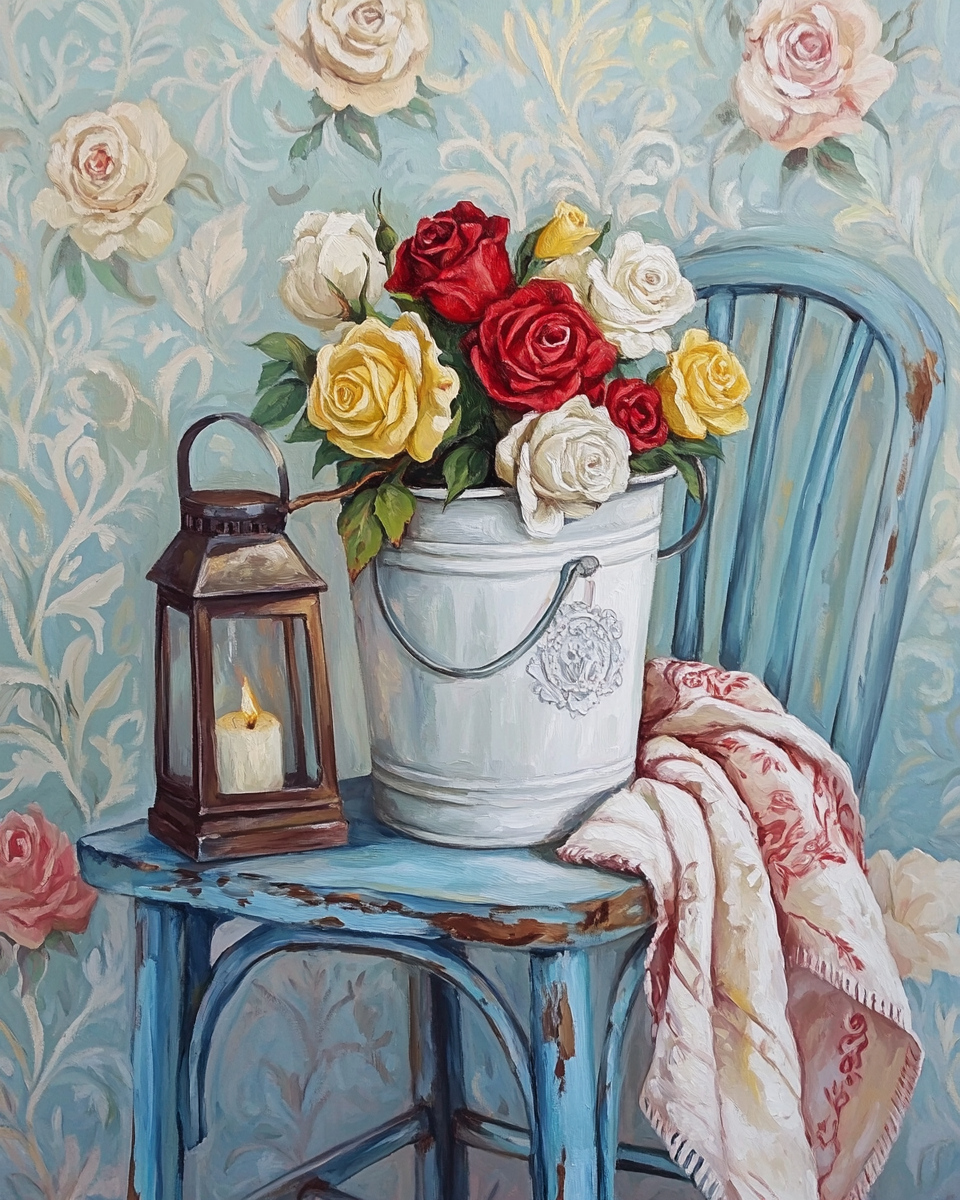 White Bucket of Roses Diamond Art Kit