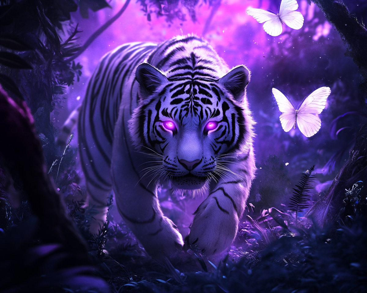 White Butterflies and Glowing Eye Tiger Diamond Art Kit